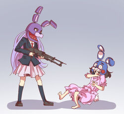  2girls animal_head bad_deviantart_id bad_id black_hair bonnie_(fnaf) crossover dress five_nights_at_freddy&#039;s five_nights_at_freddy&#039;s_1 five_nights_at_freddy&#039;s_2 gun guuchama inaba_tewi jacket long_hair multiple_girls necktie pink_dress purple_hair red_necktie reisen_udongein_inaba rifle scared skirt suit_jacket touhou toy_bonnie weapon 