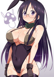  animal_ears bad_id bad_pixiv_id blush breasts cleavage covered_navel cowboy_shot fake_animal_ears fake_tail female gradient_background grey_background hair_between_eyes highleg highleg_leotard kounosu_satori large_breasts leotard long_hair looking_at_viewer mushroom parted_lips playboy_bunny purple_eyes purple_hair rabbit_ears rabbit_tail solo sweatdrop tail thighs turtleneck vivid_monsters_chronicle white_background 