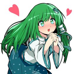  +_+ :d aqua_eyes bare_shoulders bent_over blush collared_shirt commentary_request cowboy_shot detached_sleeves female frog_hair_ornament from_side green_hair hair_ornament hair_tubes heart highres homco interlocked_fingers kochiya_sanae long_hair looking_at_viewer looking_to_the_side midriff_peek necktie nose_blush open_mouth own_hands_clasped own_hands_together polka_dot raised_eyebrows shirt simple_background skirt skirt_set smile snake_hair_ornament solo symbol-shaped_pupils touhou very_long_hair white_background wide_sleeves 