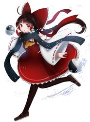  ascot black_legwear bow breath brown_hair commentary_request detached_sleeves female hair_tubes hairbow hakurei_reimu moni_(credo) one_eye_closed ponytail red_bow red_eyes running scarf solo touhou winter_clothes yin_yang 