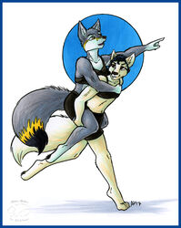  2017 action_pose anthro black_hair blue_border border bottomwear bra breasts brown_eyes canid canine canis carrying_another claws clothing dipstick_tail duo female fox fur gesture hair hand_gesture holding_character inner_ear_fluff looking_back mammal markings mei_(tree-san) midriff multicolored_tail navel piggyback pointing pose running shorts simple_background small_breasts smile sports_bra tail tail_markings toe_claws tuft underwear white_background white_body white_fur wolf zannah zannah_(character) 