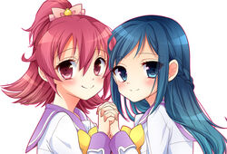  2girls aichi_shiho aida_mana bad_id bad_pixiv_id blue_eyes blue_hair blush bow dokidoki!_precure half_updo hishikawa_rikka holding_hands interlocked_fingers long_hair looking_at_viewer multiple_girls oogai_daiichi_middle_school_uniform photoshop_(medium) pink_bow pink_eyes pink_hair precure purple_sailor_collar sailor_collar school_uniform short_hair simple_background smile upper_body white_background 