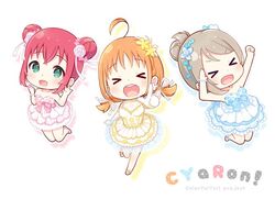  &gt;_&lt; 3girls :d \||/ alternate_hairstyle bad_id bad_twitter_id blue_dress blue_flower blue_footwear blue_ribbon chibi clenched_hand commentary cyaron!_(love_live!) double_bun dress drop_shadow flower full_body grey_hair group_name hair_bun hair_flower hair_ornament hair_ribbon index_finger_raised jumping kurosawa_ruby love_live! love_live!_sunshine!! multiple_girls neck_ribbon open_mouth orange_hair pink_dress pink_flower pink_footwear pink_hair raised_fist red_hair ribbon sakuramochi_n salute short_hair sidelocks single_hair_bun smile standing standing_on_one_leg takami_chika twintails watanabe_you white_background xd yellow_dress yellow_flower yellow_footwear 