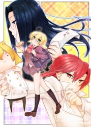  2boys aozaki_touko bad_id bad_pixiv_id black_hair blonde_hair character_doll female fumizuka_eiri glasses green_eyes holding holding_needle kamehima lugh_beowulf mahou_tsukai_no_yoru multiple_boys needle otoko_no_ko red_hair school_uniform sewing 