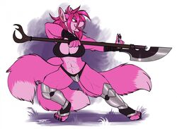  abs anthro armor athletic bardiche biceps big_breasts breasts canid canine claws cleavage clothed clothing convincing_weapon female fox fur greaves hair holding_object holding_weapon iko mammal melee_weapon midriff muscular muscular_anthro navel open_mouth polearm rai_(wyntersun) simple_background skimpy solo toe_claws unconvincing_armor weapon 