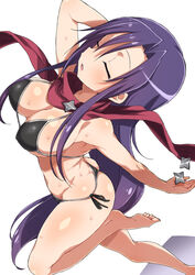  bad_id bad_pixiv_id barefoot bikini black_bikini breasts closed_eyes female from_side goshiki_agiri hair_between_eyes kill_me_baby knee_up kounosu_satori large_breasts long_hair open_mouth pink_scarf purple_hair scarf shiny_skin shuriken side-tie_bikini_bottom simple_background solo sweat swimsuit thighs thong_bikini very_long_hair weapon white_background 