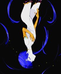  1other androgynous black_background blue_eyes blue_hair blunt_bangs cojima colored_eyelashes commentary golden_arms houseki_no_kuni looking_at_viewer nude other_focus phosphophyllite phosphophyllite_(ll) protected_link short_hair solo spoilers upside-down 