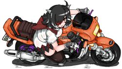  &gt;:( ahoge arrow_(symbol) black_hair blush breasts brown_thighhighs commentary_request cone_horns dress fang_out fat_rolls female frown gloves grey_horns hair_over_one_eye highres honda honda_cb400 honda_cb400sf horns kijin_seija looking_at_viewer medium_breasts motor_vehicle motorcycle multicolored_hair oerba_yun_fang on_motorcycle plump red_hair riding short_hair solo streaked_hair thick_thighs thighhighs thighs touhou v-shaped_eyebrows walter_wolf0907 white_hair 