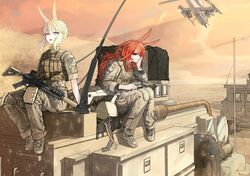  2girls ah-1z_viper aircraft animal_ears armored_vehicle assault_rifle blonde_hair commentary_request desert eotech fn_scar ground_vehicle gun helicopter highres knee_pads korean_commentary load_bearing_vest long_hair looking_at_viewer m4_carbine m4_sopmod_ii military military_uniform military_vehicle multiple_girls nurim on_vehicle orange_eyes orange_hair original rabbit_ears rifle short_hair_with_long_locks sidelocks sitting suppressor uniform weapon yellow_eyes 