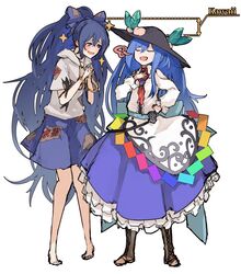  2girls arrow_(symbol) barefoot black_hat blue_bow blue_hair blush boots bow brown_footwear closed_eyes commentary_request food fruit fujinohara_akihira full_body hair_between_eyes hairbow hand_on_own_hip hat height_difference hinanawi_tenshi holding holding_stuffed_toy hood hoodie leaf long_hair long_sleeves looking_at_another multiple_girls no_nose peach ponytail rainbow_order romaji_text short_sleeves smile sparkle standing stuffed_animal stuffed_toy touhou very_long_hair white_background yorigami_shion 