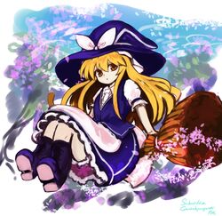  blonde_hair bow broom broom_riding commentary_request female hat hat_bow kirisame_marisa long_hair moni_(credo) petals solo touhou white_bow witch_hat yellow_eyes 