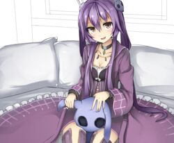  battery_aida_ni_misu_ga_deta breasts brown_eyes choker cleavage commentary_request dress female hair_ornament holding holding_stuffed_toy jewelry long_hair looking_at_viewer medium_breasts memento_(sennen_sensou_aigis) necklace on_bed open_mouth pillow purple_dress purple_hair sennen_sensou_aigis simple_background sitting solo stuffed_animal stuffed_toy very_long_hair 