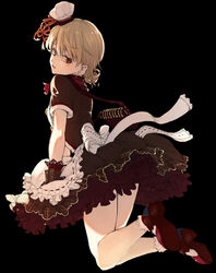  apron backlighting bad_id bad_pixiv_id bag black_background black_dress bobby_socks bow brown_eyes chef_hat dress earrings female frilled_dress frills from_behind full_body hat highres idolmaster idolmaster_cinderella_girls idolmaster_cinderella_girls_starlight_stage jewelry kneeling light_brown_hair looking_back looking_to_the_side mary_janes mini_hat morikubo_nono neck_ribbon parted_lips patissier red_neckwear red_ribbon ribbon ringlets sanmon_(mekko0929) shoes short_hair short_sleeves shoulder_bag simple_background socks solo sweetches_(idolmaster) waist_apron wrist_cuffs yoyoyo_(dxayo) 