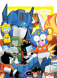  1980s_(style) 6+boys artist_name autobot axe blue_eyes bumblebee_(transformers) chibi commentary_request decepticon dinosaur glowing grimlock headgear hot_rod_(transformers) hound_(transformers) insignia jazz_(transformers) jetpack looking_at_viewer megatron multiple_boys no_humans open_mouth optimus_prime red_eyes retro_artstyle sergeantctrln sideswipe smile soundwave_(transformers) starscream transformers transformers:_generation_1 tyrannosaurus_rex weapon 