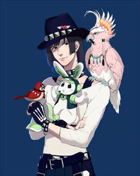  1boy animal animal_on_shoulder bad_id bad_pixiv_id beni_(dramatical_murder) bird bird_on_shoulder black_hair cigar cockatoo dramatical_murder fingerless_gloves gloves hat highres macaroni_(piyo4508) major_mitchell&#039;s_cockatoo male_focus parrot rabbit sei_(dramatical_murder) sparrow studded_bracelet tori_(dramatical_murder) 