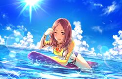  adjusting_hair afloat arm_support arm_up artist_request bangle bead_bracelet beads bent_over bikini bikini_bottom_only bird black_bikini blue_sky blush bracelet brown_eyes brown_hair caustics cloud cloudy_sky copyright_name day dot_nose dripping dutch_angle eyes_visible_through_hair female floral_print horizon idolmaster idolmaster_cinderella_girls idolmaster_cinderella_girls_starlight_stage jewelry lens_flare lips long_hair long_sleeves looking_at_viewer mountainous_horizon official_art one_eye_closed open_mouth outdoors print_bikini rash_guard sawada_marina seagull side-tie_bikini_bottom sky solo sparkle straddling string_bikini sun sunlight surfboard surfing swimsuit taut_clothes taut_swimsuit thighs turtleneck wavy_hair wet 