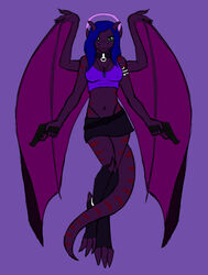  2015 3_toes 4_fingers akhlys anklet anthro armband armlet bat_wings belly belt big_feet big_wings biped black_bottomwear black_clothing black_collar black_footwear black_legwear black_skirt black_socks black_underwear blue_hair bottomwear claws clothed clothing collar crop_top digital_media_(artwork) digitigrade dragon_tail dual_wielding feet female fingers flat_colors flowing_hair folded_wings footwear gargoyle green_eyes gun hair hair_down halo handgun holding_gun holding_object holding_ranged_weapon holding_weapon horn jewelry knee_highs knee_socks legwear lizard_tail long_hair long_tail looking_at_viewer membrane_(anatomy) membranous_wings midriff miniskirt navel necklace nipple_outline pendant pistol pupils purple_background purple_belly purple_clothing purple_horn purple_nose purple_topwear purple_wings rainbow-boa_(artist) ranged_weapon red_stripes saint_of_all_saints saints_row shirt simple_background skimpy skirt slit_pupils smile snout socks solo standing stirrup_socks straight_hair striped_body striped_skin stripes tail talons tank_top thick_tail thigh_highs thigh_socks thong titanium toeless_footwear toeless_socks toes topwear underwear wavy_hair weapon wing_claws winged_arms wings 