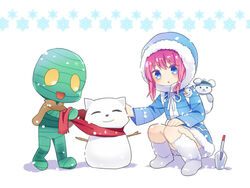  1boy :3 amumu annie_(league_of_legends) bad_id bad_pixiv_id blue_eyes boots commentary_request female hamamo hood hooded_jacket jacket league_of_legends mummy open_mouth pink_hair scarf snow snowflakes snowing snowman squatting teemo tibbers trowel yellow_eyes 