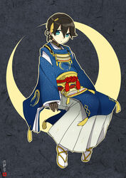  1boy black_hair blue_eyes commentary_request cosplay crescent_moon grey_hakama hakama hakama_skirt hebino_rai horikawa_kunihiro japanese_clothes male_focus mikazuki_munechika mikazuki_munechika_(cosplay) moon on_crescent sayagata sitting skirt solo touken_ranbu 