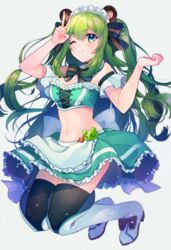  :3 animal_ears animare apron arm_garter arm_up armpit_peek bare_shoulders bbbannooo bear_ears black_thighhighs blush boots bow breasts choker cleavage closed_mouth commentary_request crop_top detached_collar fake_animal_ears female frills full_body green_eyes green_hair green_skirt hairbow hands_up high_heel_boots high_heels highres hinokuma_ran large_breasts legs_up looking_at_viewer maid maid_apron maid_headdress medium_breasts midriff nanashi_inc. navel one_eye_closed shirt skirt sleeveless sleeveless_shirt smile solo stomach thigh_boots thighhighs twintails v virtual_youtuber white_bow white_footwear zettai_ryouiki 