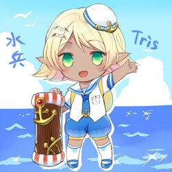  anchor bad_id bad_pixiv_id bird blonde_hair blue_skin cannon chibi colored_skin commentary_request dark-skinned_female dark_skin female green_eyes hair_ornament hairclip hamamo hat league_of_legends looking_at_viewer lowres ocean open_mouth pointy_ears seagull solo tristana yordle 