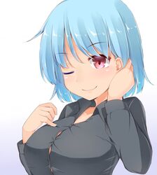  aqua_hair black_shirt blue_background blush breasts button_gap buttons collarbone collared_shirt commentary_request dress_shirt female garasuita gradient_background heterochromia large_breasts long_sleeves one_eye_closed red_eyes shirt short_hair smile solo tatara_kogasa touhou upper_body 