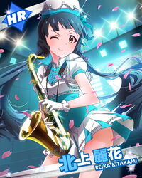  ;) artist_request blue_hair brown_eyes character_name female gloves hat idolmaster idolmaster_million_live! instrument kitakami_reika long_hair looking_at_viewer official_art one_eye_closed petals saxophone skirt smile stage_lights tenor_saxophone twintails uniform 