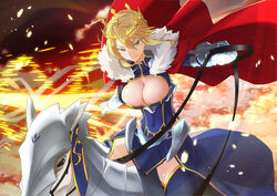  ahoge armor artoria_pendragon_(fate) artoria_pendragon_(lancer)_(fate) bad_id bad_pixiv_id barding blonde_hair blue_eyes blush braid braided_bun breasts bursting_breasts cape cleavage closed_mouth commentary_request crown dun_stallion_(fate) evening fate/grand_order fate_(series) female fur_trim gauntlets greaves hair_between_eyes hair_bun highres holding horse horseback_riding jamg336 lance large_breasts leg_armor long_hair looking_at_viewer no_panties outdoors pelvic_curtain polearm rhongomyniad_(fate) riding sidelocks sleeveless sleeveless_turtleneck solo spear spread_legs thighhighs turtleneck twitter_username weapon 