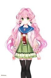  artist_name bad_id bad_pixiv_id black_thighhighs blue_sailor_collar cherry_blossoms dress female green_dress green_eyes jacket long_hair looking_at_viewer open_clothes open_jacket original pink_hair sailor_collar sandeul simple_background smile solo thighhighs twintails white_background zettai_ryouiki 