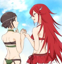  2girls ass back bikini bikini_skirt black_eyes black_hair cloud cloudy_sky commentary_request cordelia_(fire_emblem) cordelia_(summer)_(fire_emblem) cowboy_shot day feather_hair_ornament feathers fire_emblem fire_emblem_awakening fire_emblem_heroes green_bikini hair_ornament holding_hands long_hair looking_at_another multiple_girls noire_(fire_emblem) noire_(summer)_(fire_emblem) open_mouth red_bikini red_eyes red_hair short_hair sky smile swimsuit takatou_mitsuru tears 