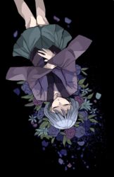  1jumangoku 1other androgynous bad_id bad_pixiv_id black_background blue_flower blue_hair blue_skirt closed_eyes flower fujiwara_no_iyozane grey_hair hakama hakama_short_skirt hakama_skirt highres jacket japanese_clothes kimono len&#039;en light_blue_hair other_focus purple_flower purple_kimono short_hair skirt solo unworn_headwear unworn_jacket 