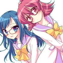  2girls aichi_shiho aida_mana bad_id bad_pixiv_id bespectacled blue_eyes blue_hair blush dokidoki!_precure glasses half_updo hishikawa_rikka long_hair lowres multiple_girls oogai_daiichi_middle_school_uniform photoshop_(medium) pink_eyes pink_hair precure purple_sailor_collar sailor_collar school_uniform short_hair simple_background white_background 