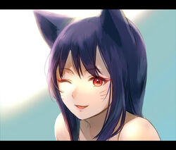  ahri_(league_of_legends) animal_ears bad_id bad_pixiv_id black_hair commentary_request facial_mark female fox_ears hamamo league_of_legends letterboxed long_hair looking_at_viewer lowres one_eye_closed open_mouth red_eyes solo 