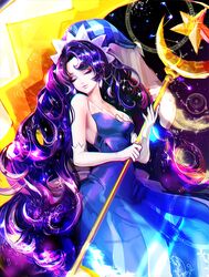  blue_dress closed_eyes commentary_request cookie_run dress earrings elbow_gloves female gloves hat humanization jewelry long_hair moonlight_cookie purple_hair ruck solo staff strapless strapless_dress very_long_hair white_gloves 