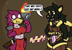  anthro avian belly_mouth bird domestic_cat duo eating felid feline felis guinela hi_res ifra mammal melee_weapon mimic sword trish_asura weapon 