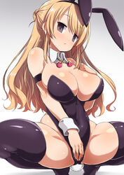  animal_ears bad_id bad_pixiv_id breasts cleavage covered_navel empty_eyes fake_animal_ears female gradient_background grey_background grey_eyes half_updo hand_on_own_chest highleg highleg_leotard kounosu_satori large_breasts leotard long_hair looking_at_viewer nikaidou_natsuko parted_lips playboy_bunny rabbit_ears solo spread_legs swap_swap thighhighs 