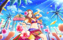  arm_garter artist_request bangle bead_bracelet beads belt bikini blue_sky bracelet breasts bridal_garter brown_eyes brown_hair choker cleavage cloud cloudy_sky coconut concert confetti day eyes_visible_through_hair female festival floral_print flower frilled_bikini frills gem glint hair_flower hair_ornament hibiscus holding holding_microphone idol idolmaster idolmaster_cinderella_girls idolmaster_cinderella_girls_starlight_stage jewelry lens_flare light_rays long_hair looking_at_viewer medium_breasts microphone midriff multicolored_bikini multicolored_clothes navel necklace o-ring o-ring_belt official_art outdoors outstretched_hand palm_tree pink_flower print_bikini sarong sawada_marina screen sky solo_focus stage stage_lights standing stomach sunbeam sunlight swimsuit tassel throwing tree 