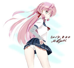  akashi_(kancolle) blush commentary_request female green_eyes hair_ribbon hands_on_own_hips hip_vent kantai_collection kawayoko long_hair looking_at_viewer looking_back panties pink_hair ribbon school_uniform serafuku skirt smile solo tress_ribbon underwear 