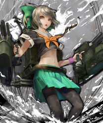  brown_eyes commentary_request crop_top crop_top_overhang female grey_hair hair_ribbon highres kantai_collection midriff mizore_akihiro navel open_mouth pantyhose pleated_skirt ponytail ribbon sailor_collar school_uniform short_ponytail skirt solo yuubari_(kancolle) 