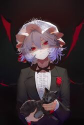  alternate_costume bad_id bad_pixiv_id black_cat closed_mouth commentary_request expressionless feline female flower hat hat_ribbon highres hoshimawa light_purple_hair looking_at_viewer mob_cap red_eyes red_flower red_ribbon red_rose remilia_scarlet ribbon rose short_hair the_godfather touhou tuxedo 