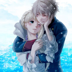  1boy aldnoah.zero asseylum_vers_allusia bead_necklace beads belt blonde_hair blue_background blue_eyes blush braid closed_eyes coat comforting commentary_request crown_braid crying eyelashes female frilled_sleeves frills grey_hair hand_grab hand_on_another&#039;s_arm hand_on_another&#039;s_cheek hand_on_another&#039;s_face hand_on_hand heads_together holding_another&#039;s_arm hug hug_from_behind jewelry light_particles long_hair long_sleeves looking_at_another nana_(t-a-f) necklace parted_lips photoshop_(medium) sidelocks slaine_troyard smile tears tied_hair upper_body 