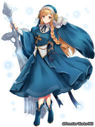  blonde_hair blue_footwear blue_skirt boots braid commentary_request company_name cross cross_necklace fantasy female full_body habit hair_ornament hairclip holding holding_sword holding_weapon jewelry long_hair necklace nun official_art sanzenkai_no_avatar sirokurodai skirt solo sword very_long_hair weapon white_background 