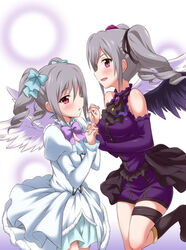  angel_wings bare_shoulders commentary_request dress drill_hair dual_persona female grey_hair idolmaster idolmaster_cinderella_girls kanzaki_ranko long_hair open_mouth photoshop_(medium) red_eyes rosenburg_engel_(idolmaster) twin_drills twintails uraichishi wings 