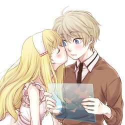  1boy aged_down aldnoah.zero asseylum_vers_allusia blonde_hair blue_eyes blush commentary_request female grey_hair kissing kissing_cheek nana_(t-a-f) photoshop_(medium) slaine_troyard straight 