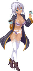  blue_eyes bra braid breasts brown_footwear cleavage coffee collarbone commentary_request cup dark-skinned_female dark_skin female french_braid frilled_underwear garter_straps high_heels holding holding_cup katagiri_chisato large_breasts looking_at_viewer navel official_art pajamas panties solo standing thighhighs underwear white_background white_bra white_hair white_panties white_thighhighs 