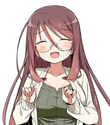  ^_^ blush breasts brown_hair cardigan closed_eyes collarbone commentary_request facing_viewer female fuyajou_yodomi gankutsu-sou_no_fuyajou-san glasses hair_between_eyes hands_up kounosu_satori large_breasts long_hair open_cardigan open_clothes open_mouth rimless_eyewear simple_background smile solo sweatdrop upper_body white_background 