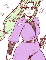  commentary english_commentary female fishnets flat_color frown ganbare_goemon green_eyes green_hair hand_on_hilt japanese_clothes jmanvelez long_hair ninja petals photoshop_(medium) sheath solo sword unsheathing weapon yae_(ganbare_goemon) 