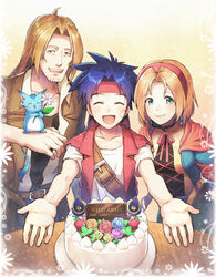  anniversary bad_id bad_pixiv_id belt blonde_hair blue_hair breasts cake cecilia_lynne_adelhyde coat commentary_request earrings female flatwoods_monster food green_eyes hairband hanpan hayokonton_(wild_arms) headband highres jack_van_burace jewelry long_hair medium_hair monster multiple_boys open_mouth red_hairband rody_roughnight smile trench_coat vest wild_arms wild_arms_1 yururi-ra 