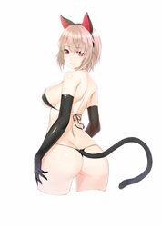  absurdres animal_ears ass bare_shoulders bikini black_bikini black_gloves breasts cat_ears cat_tail commentary cropped_legs elbow_gloves fake_animal_ears female gloves hairband halterneck highres large_breasts light_brown_hair looking_at_viewer looking_back micro_bikini nakamura_nagare original purple_eyes short_hair sideboob simple_background smile solo string_bikini swimsuit tail white_background 