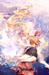  1boy blonde_hair carrying closed_eyes dress female flower grin hair_flower hair_ornament highres ino_yamanaka long_hair naruto naruto_shippuuden open_mouth orange_hair ponytail smile um630 underwater very_long_hair yamanaka_fuu 